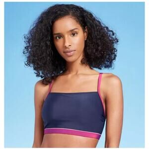 NWT All In Motion Longline Bikini Top Small Cranberry / Navy Blue Colorblock